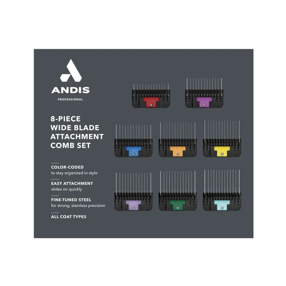 Andis Stainless Steel Wide Blade Comb Set 8 Pack   Container - 3mm to 2.5cm