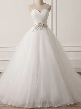 Beautiful Wedding Dresses with Sashes Ball Gown Sweetheart Brush Train Organza Bridal Gown JKW381