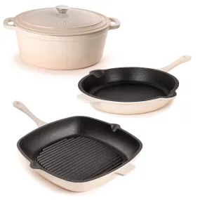 BergHOFF Neo 4pc Cast Iron Cookware Set, Grill Pan, Fry Pan & Oval Dutch Oven, Meringue