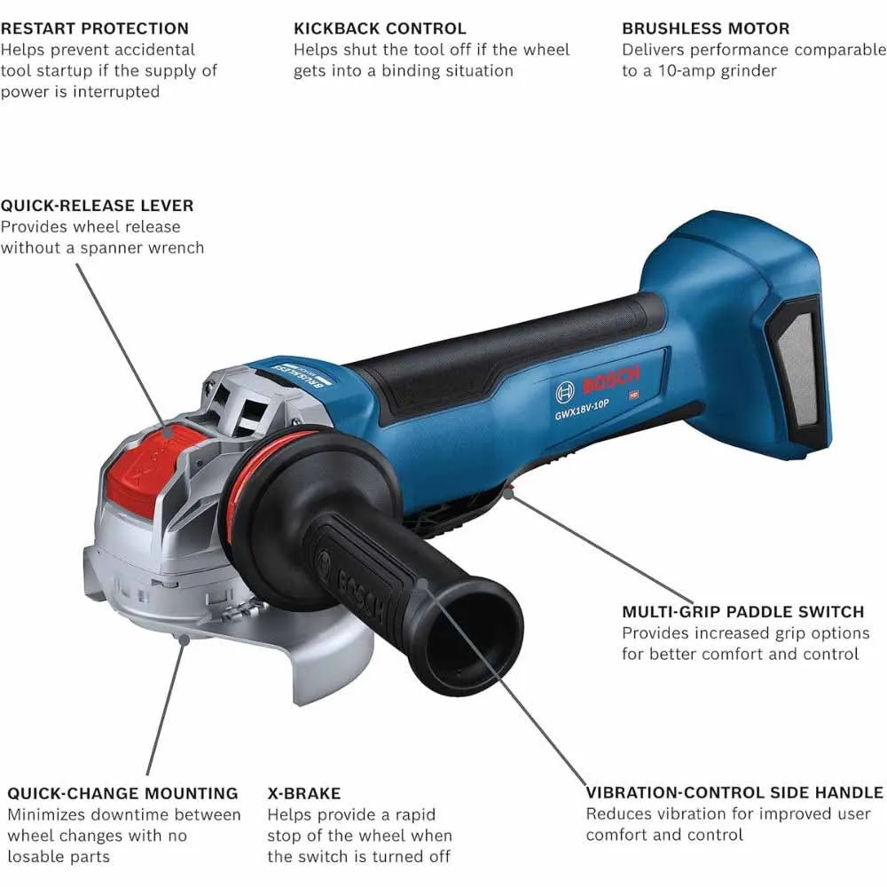 Bosch GWX18V-10PN 18V 4-1/2" - 5" X-LOCK Paddle Switch Angle Grinder (Bare Tool)