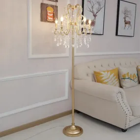 Classic Style Gold Metal Standing Floor Lamp with Crystal Strand - 5 Bulbs Scroll Frame Floor Lighting