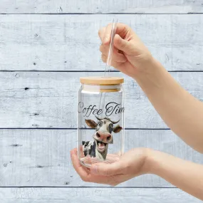 Coffee Time with Funny Cow on Glass Tumbler 16oz with lid and straw