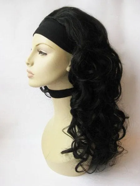 Curly black half wig hairpiece, long: Vicky