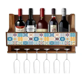 Designer Wooden Wall Mounted Wine Glass Rack Holder for 5 Bottles 6 Glasses - Spanish