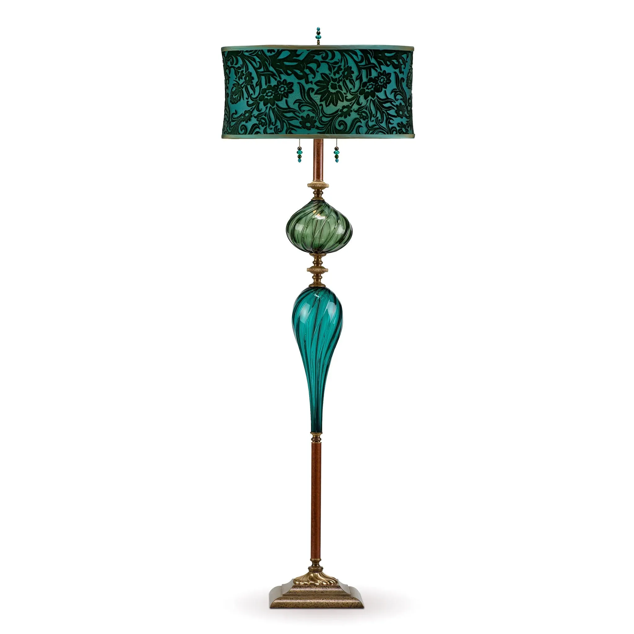 Dylan Floor Lamp F239Ag179 Kevin Obrien Velvet Evergreen Shade Teal and Green Blown Glass Base by Kinzig Design