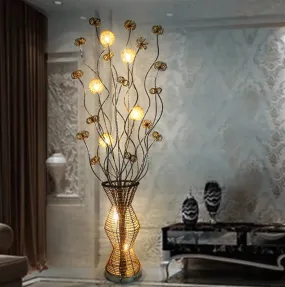 Golden LED Floor Lamp - Stylish Metallic Bamboo Basket Design with Flower Accents for Reading and Décor