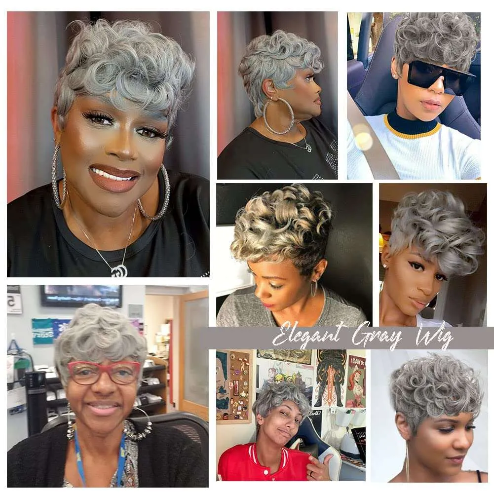 Grey Pixie Cut Wig with Bangs