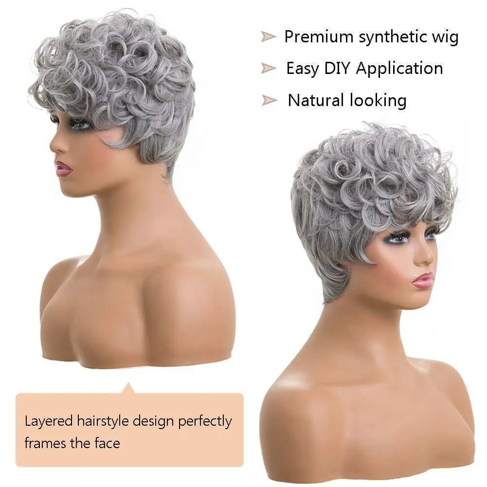 Grey Pixie Cut Wig with Bangs