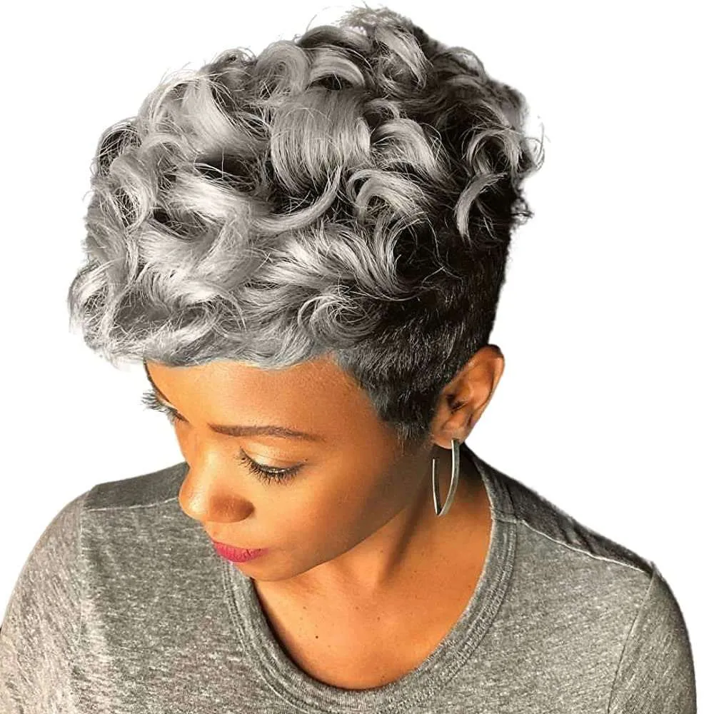 Grey Pixie Cut Wig with Bangs