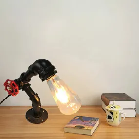 Industrial Black Metal Table Lamp with Piped Design and Valve Wheel - 1-Light Bedroom Table Light