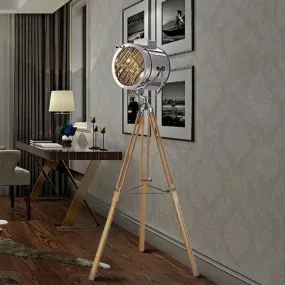 Industrial Style 1-Head Metallic Cylinder Spotlight Floor Lamp in Black/Wood with Tripod