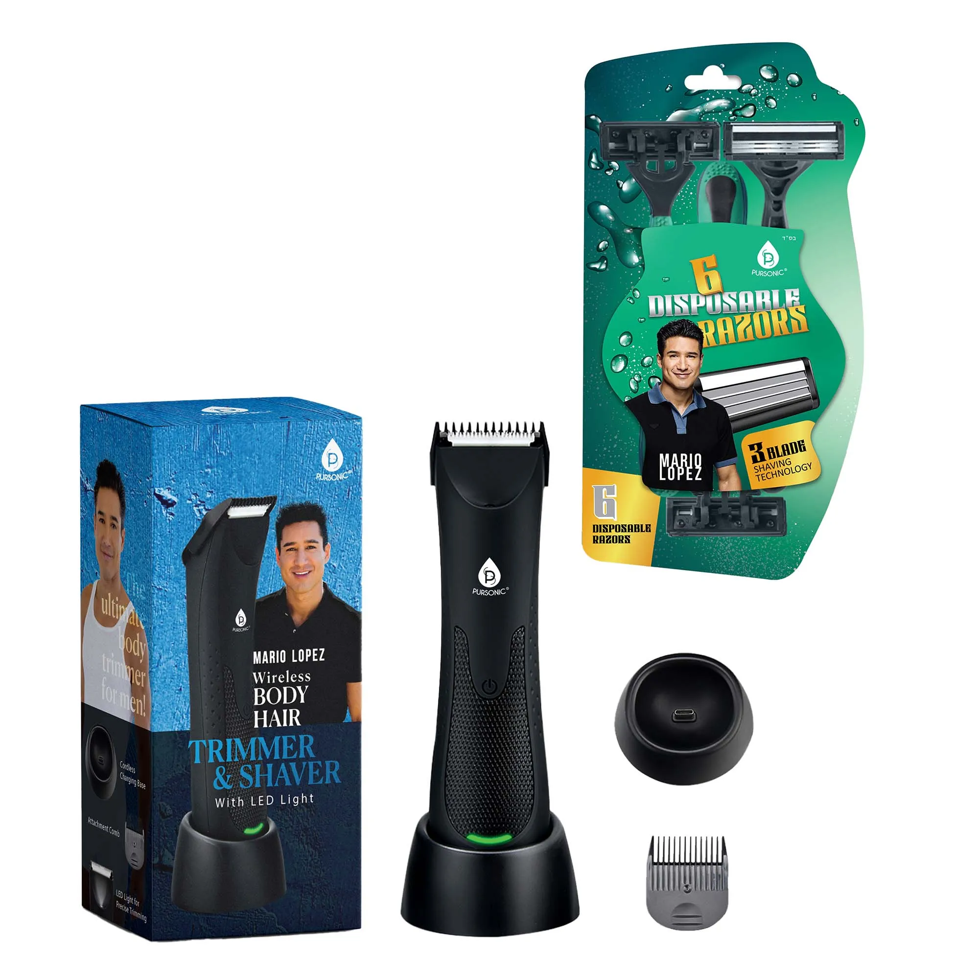 Mario Lopez Wireless Body Hair Trimmer & Shaver and Mario Lopez Disposable Razors - 3 Blade Shaving Surface Technology