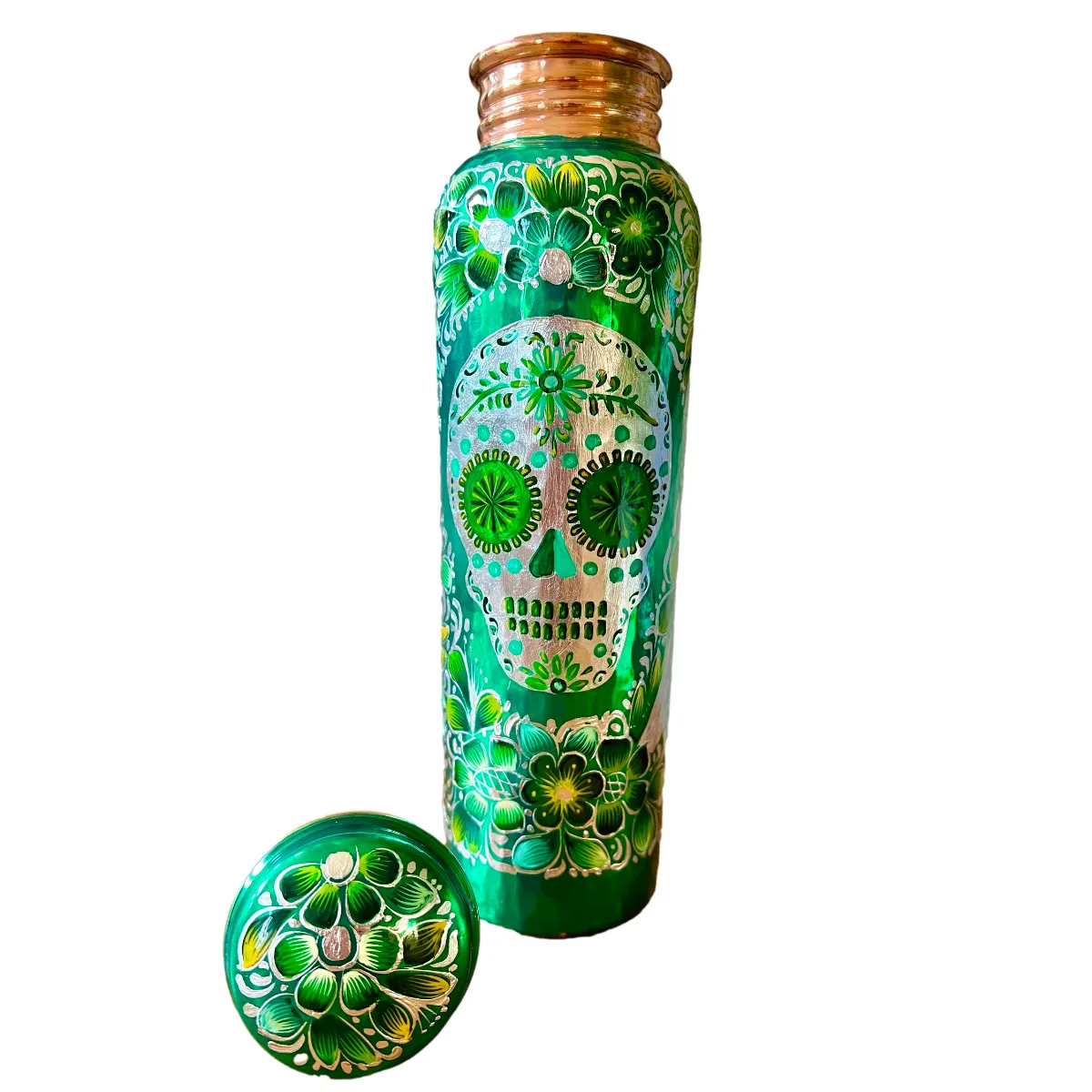 Mexican Copper 1 L / 33 oz. Water Bottle- Hand Painted Green Sugar Skull