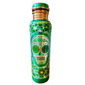 Mexican Copper 1 L / 33 oz. Water Bottle- Hand Painted Green Sugar Skull