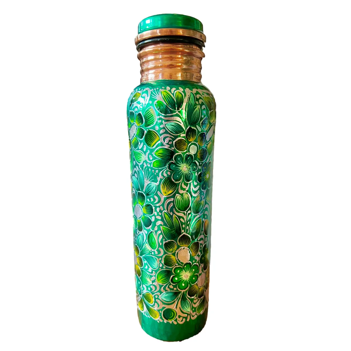 Mexican Copper 1 L / 33 oz. Water Bottle- Hand Painted Green Sugar Skull