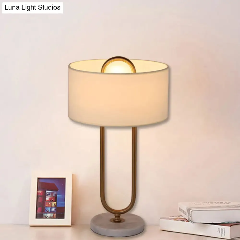 Minimalist White Drum Night Table Lamp with Brass Oval Stand - 1 Bulb Fabric Nightstand Light