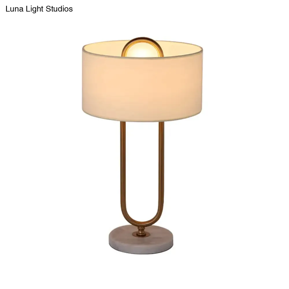 Minimalist White Drum Night Table Lamp with Brass Oval Stand - 1 Bulb Fabric Nightstand Light