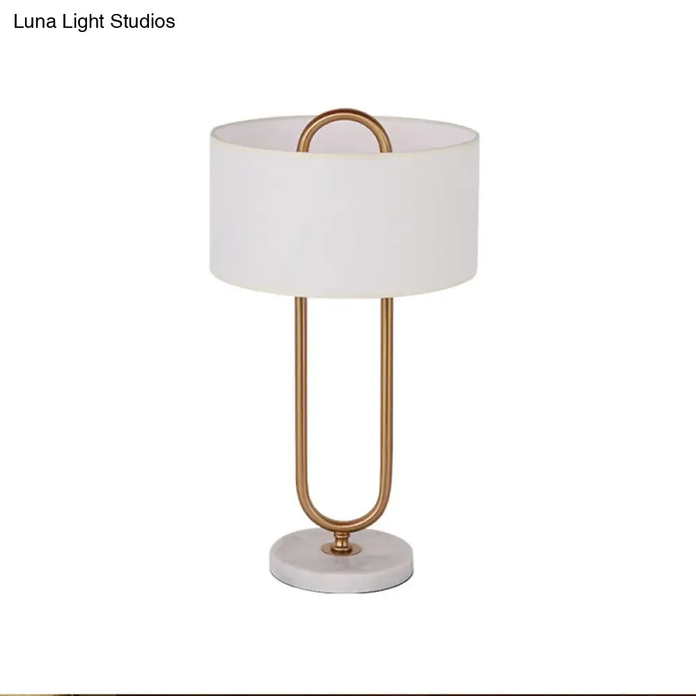 Minimalist White Drum Night Table Lamp with Brass Oval Stand - 1 Bulb Fabric Nightstand Light