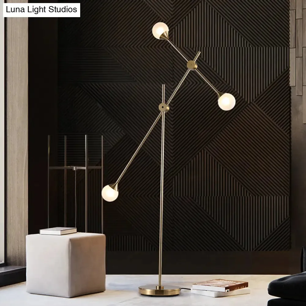 Modern Metal Orb Floor Lamp with Swing Arm, Gold LED Lighting & White Glass Shade