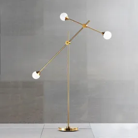 Modern Metal Orb Floor Lamp with Swing Arm, Gold LED Lighting & White Glass Shade