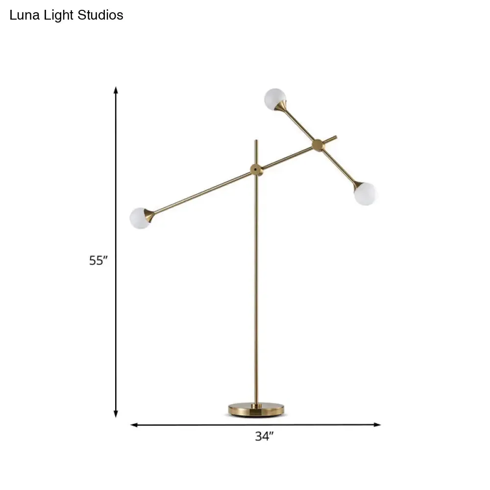 Modern Metal Orb Floor Lamp with Swing Arm, Gold LED Lighting & White Glass Shade