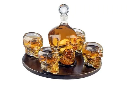 The Wine Savant Large Skull Face Decanter with 4 Skull Shot Glasses and Beautiful Wooden Base