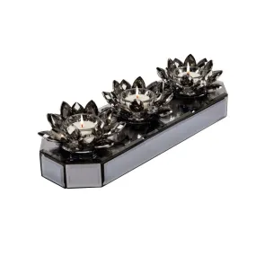 Three-Candle Mirrored Glass Lotus Tealight Candle Holder - Black