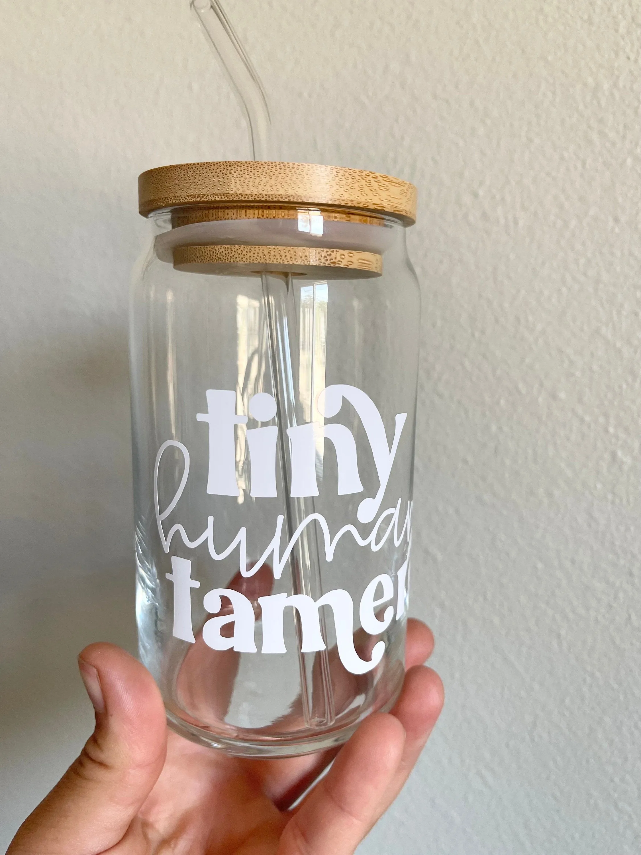 Tiny Human Tamer Iced Coffee Cup- Glass w/ lid   straw