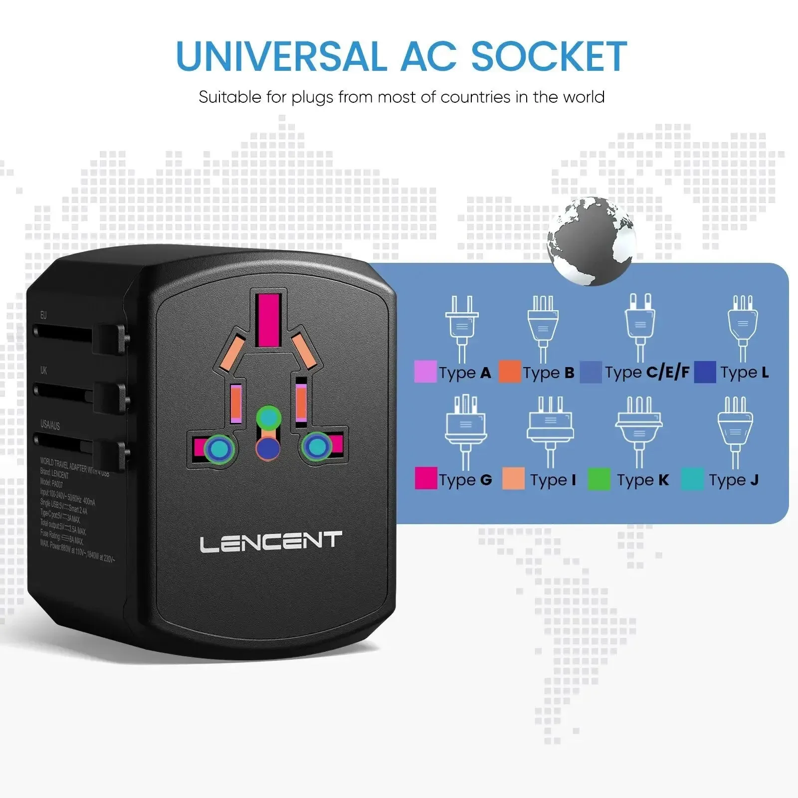 Universal Travel Power Adapter 3 USB Port 1 Type C Adaptor US EU UK AU