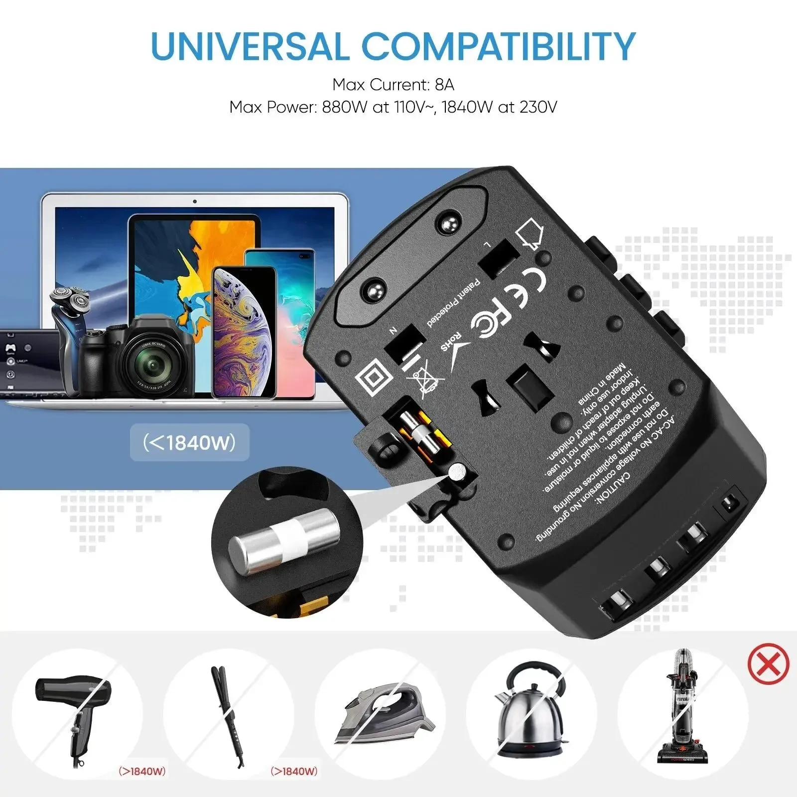 Universal Travel Power Adapter 3 USB Port 1 Type C Adaptor US EU UK AU