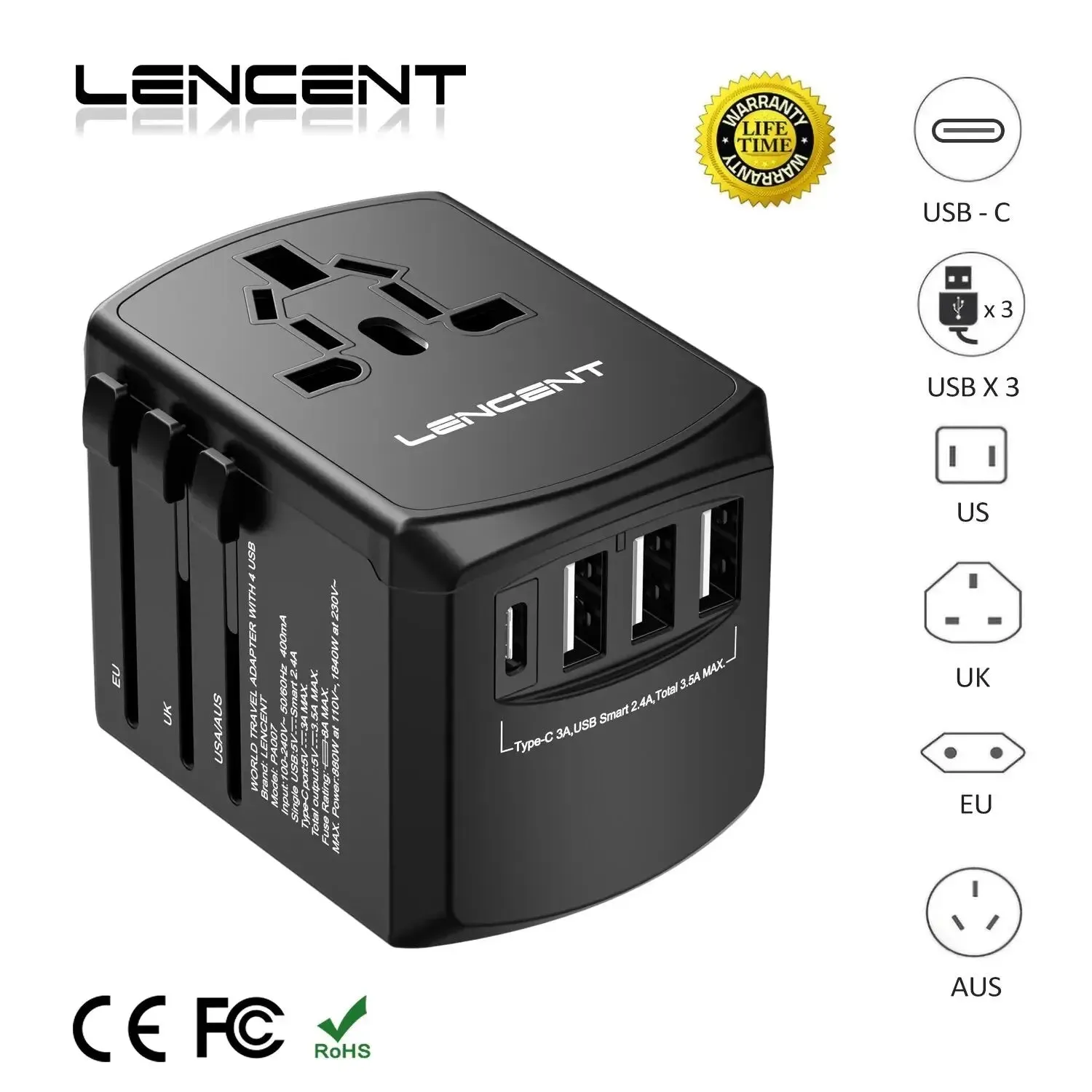 Universal Travel Power Adapter 3 USB Port 1 Type C Adaptor US EU UK AU